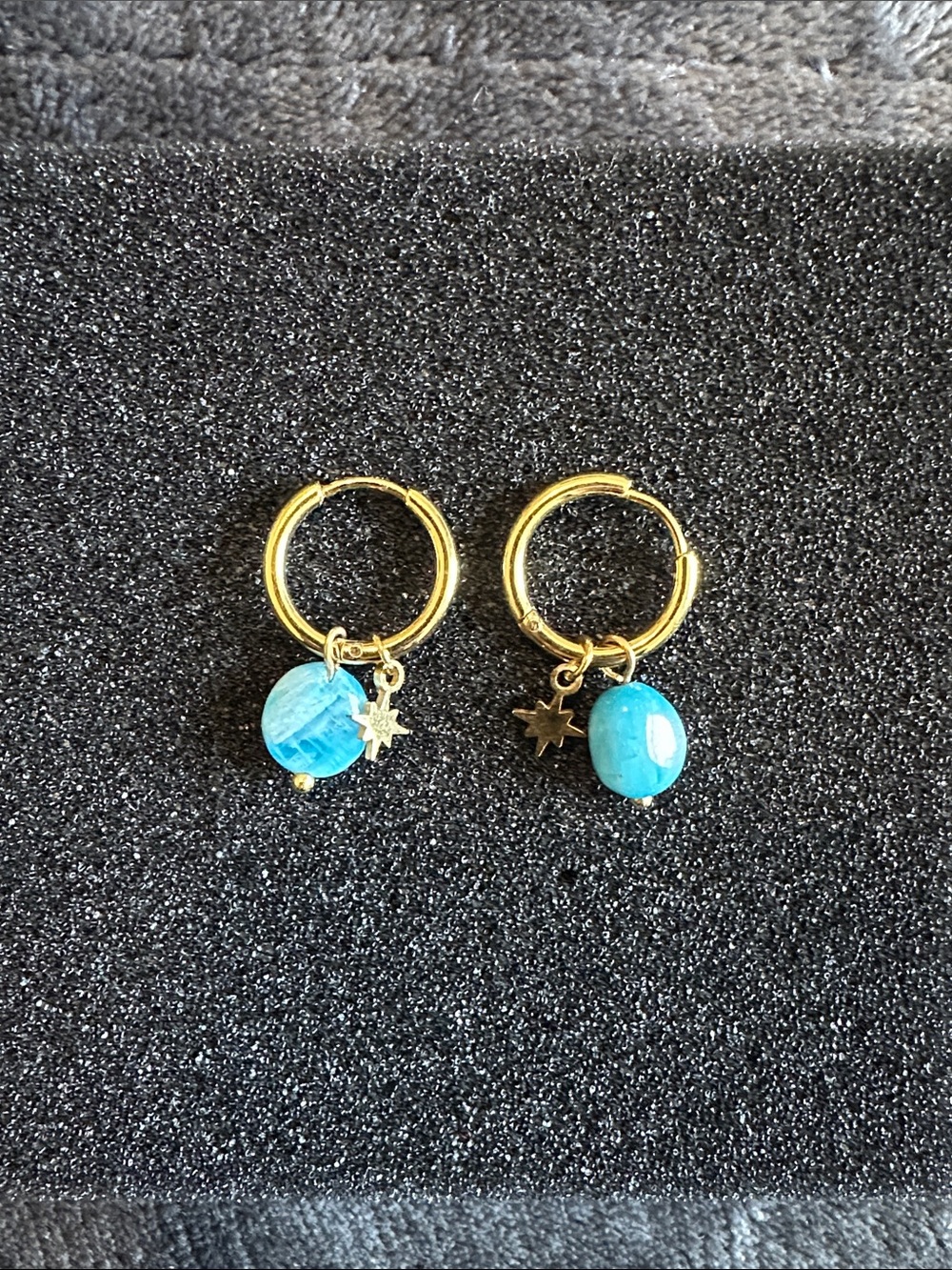 Gold Hoop Earrings with Blue Turquoise Charm and Star Accent